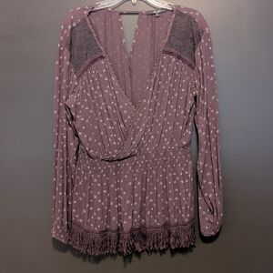 Miss Me Purple Wrap Blouse with Long Sleeves and Fringe Hem Sz Medium